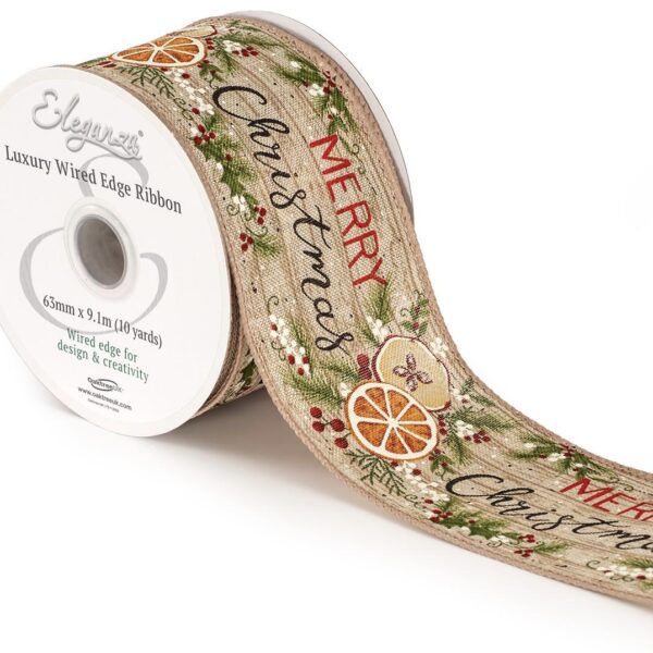 63mm Merry Christmas FRUIT Eleganza Wired Edge Ribbon 9.1m