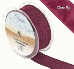 38mm Wired Edge HESSIAN Ribbon 10m Burgundy