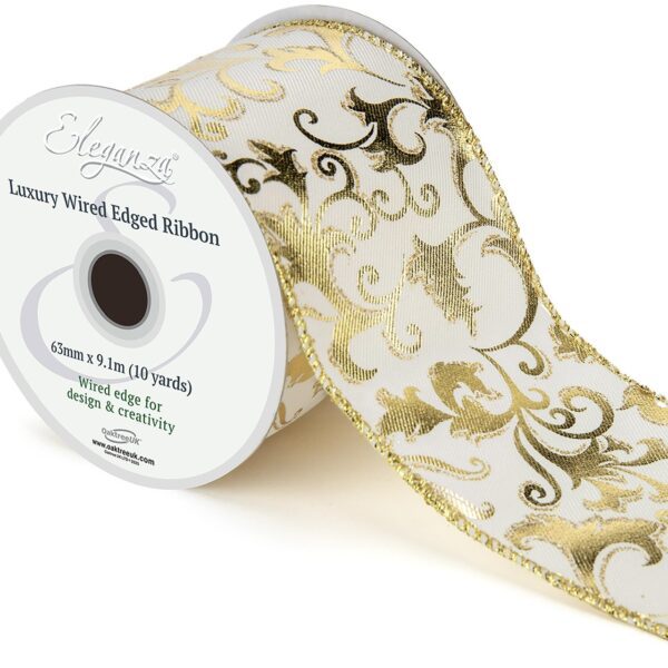 63mm Christmas Gilded Filigree Eleganza Wired Edge Ribbon 9.1m Cream/Gold