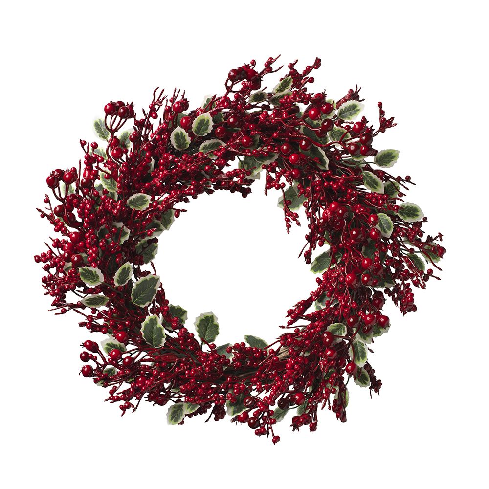 40cm Timeless Holly and Red Berry Wreath on Twig Base