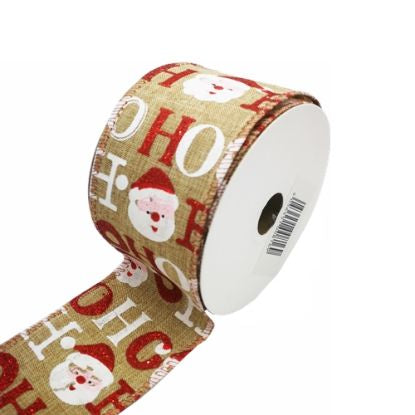 63mm Santa HoHo Wired Edge Ribbon 10Yard Natural/Red