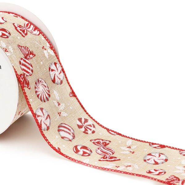 63mm Christmas Red/White SWEETIES Eleganza Wired Edge Ribbon 9.1m