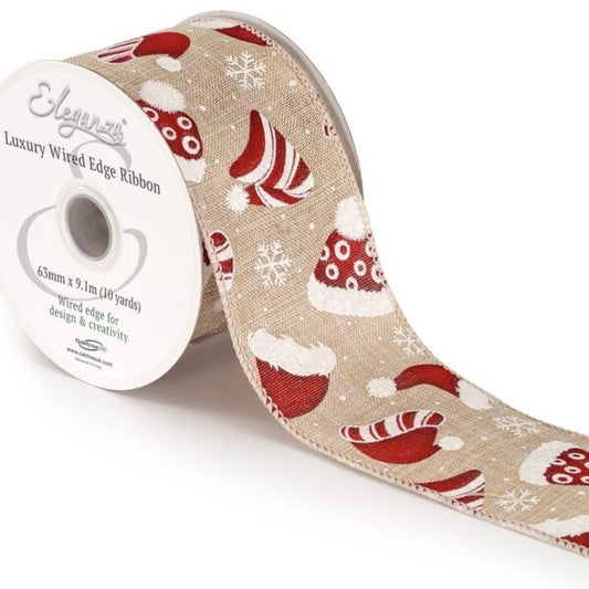 63mm Wired Edge Christmas Santa Hats Burlap Ribbon 9.1m Natural/White/Red