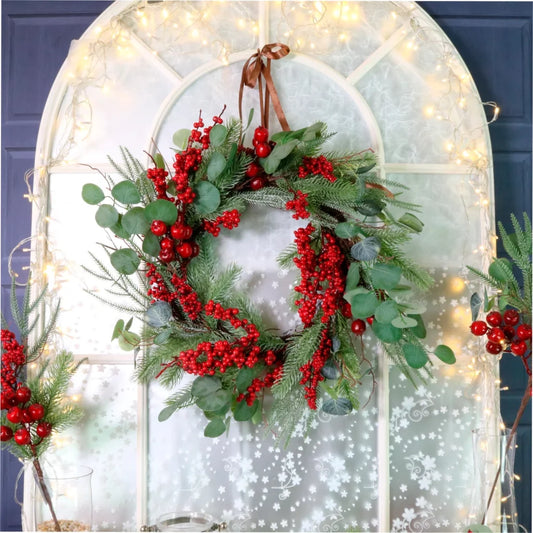 65cm Merry Berry Spruce Pine Wreath on Twig Base Green/Red