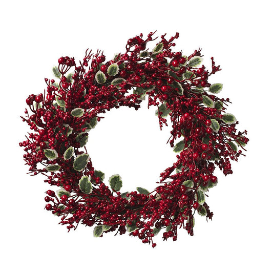 40cm Timeless Holly and Red Berry Wreath on Twig Base