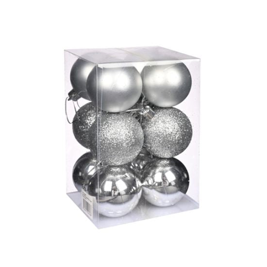 5cm Shatterproof Assorted Baubles (Pack 12) Silver